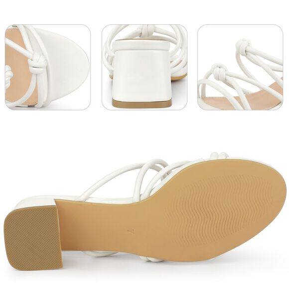 Strappy Heeled Knotted Slingback Block Heel Slide Sandals for Women, White - Picture 3 of 5